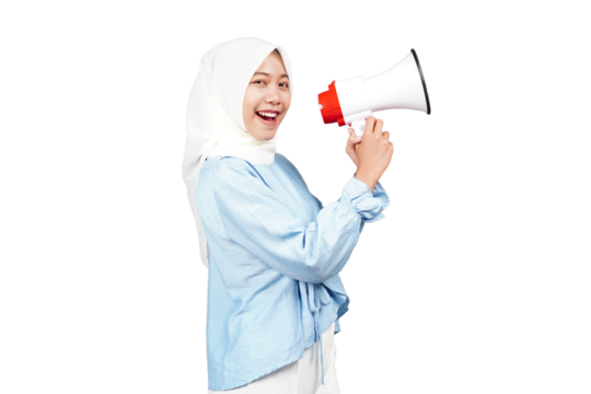 Asian hijab girl using megaphone isolated transparent