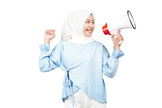 Asian hijab girl using megaphone isolated transparent