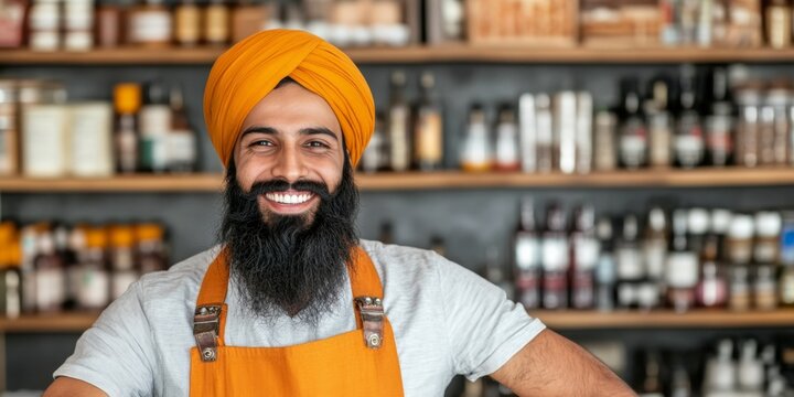 Portrait of Bearded Sikh Shopkeeper: Cultural Diversity in Retail. Indian Man with Turban in Store, Representing Tradition, Faith, and Entrepreneurship. Ideal for Multicultural Marketing, Inclusivity 