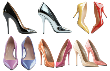 Assorted high heels in different finishes and colors isolated on transparent background