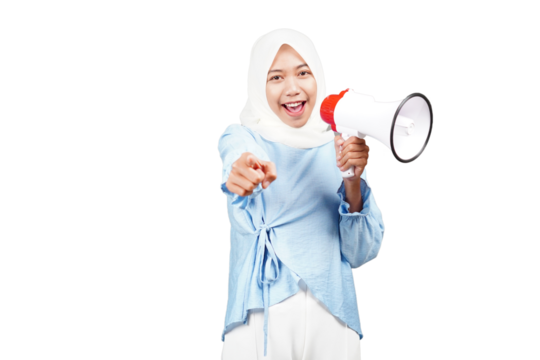 Asian hijab girl using megaphone isolated transparent