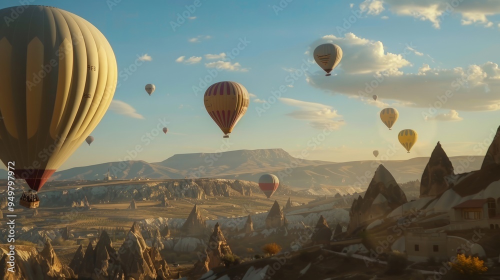 Sticker Hot air balloons float over a rocky landscape at sunrise.