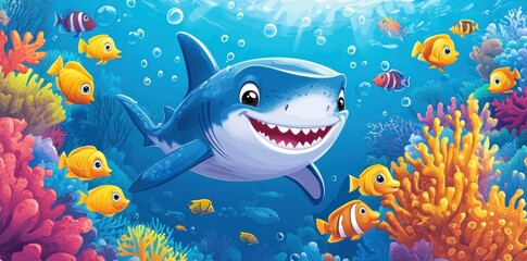 Obraz premium Smiling Shark Surrounded by Colorful Fish and Coral Reefs