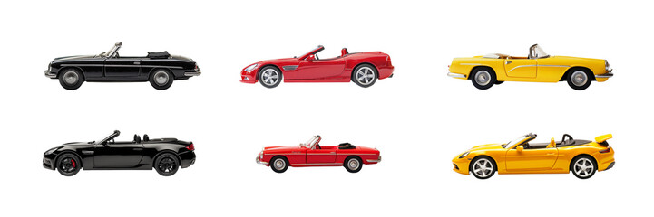 Set of yellow, red and black toy cars on transparent background.