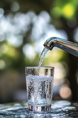 Refreshing Glass of Water Being Poured from a Tap Outdoors
