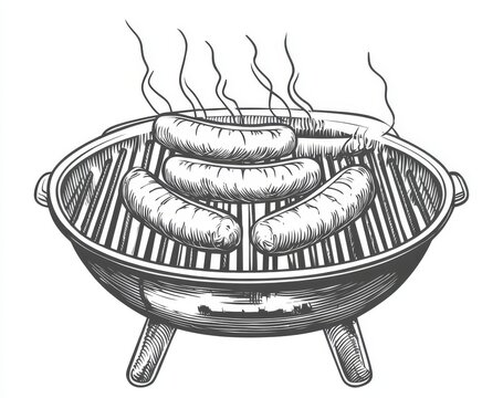 recommend clip art: With editable strokes, this is a line drawing of sausages on a barbecue grill stand.