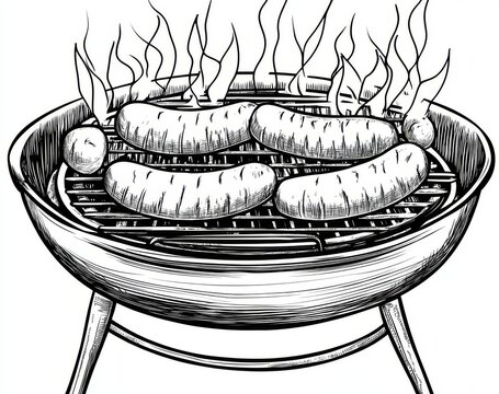 recommend clip art: The outline design of sausages on a barbecue grill stand, consisting of a continuous line drawing with editable strokes.