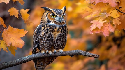 Obraz premium An owl perched on a branch under a canopy of autumn leaves, reflecting wisdom and transition during the Fall Equinox, Fall Equinox, nature solstice