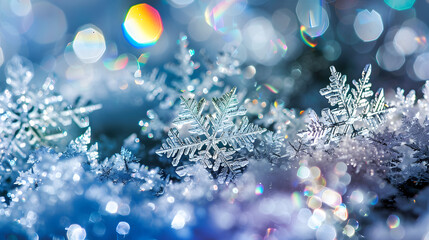 Close-up macro shot of intricate snowflakes with prismatic light effects, creating a vibrant and colorful winter scene, perfect for wallpapers