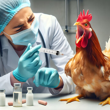 Female veterinarian is vaccinating a chicken