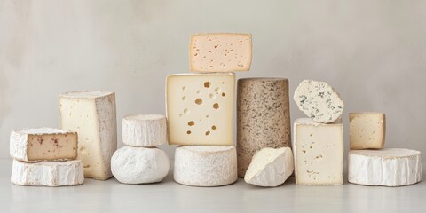 A beautiful assortment of expensive cheeses with holes and smooth, moldy, brie, camembert, cheddar, masdam, dorblu and others, artfully arranged to enchant and delight gourmet lovers.