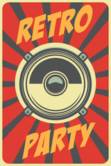 Obraz premium Retro party. Poster template with retro style boombox. Design element for banner, sign, flyer. Vector illustration