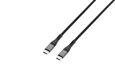 Black cable for charging and synchronization with Type - C, USB, Micro USB, Lightning connectors on a white background close-up