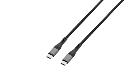 Black cable for charging and synchronization with Type - C, USB, Micro USB, Lightning connectors on a white background close-up