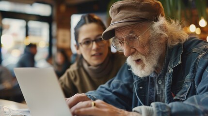 Elderly Man Learns Online Banking with Tech Savvy Volunteer in Workshop Setting