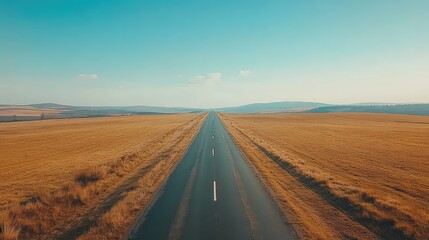 Lonely road stretching towards a distant horizon, surrounded by open fields and a clear sky, symbolizing a journey and adventure.