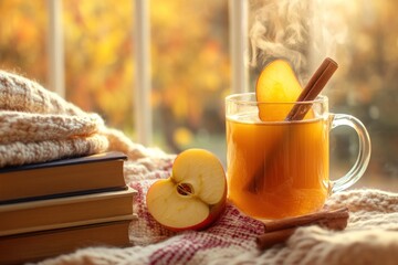 Steaming apple cider warming on cozy autumn day