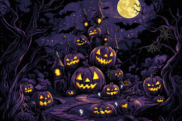 Fototapeta premium Spooky Halloween Night with Jack-O-Lanterns and Haunted House