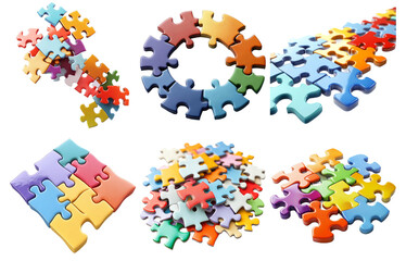 Collection of colorful jigsaw puzzle pieces isolated on transparent background