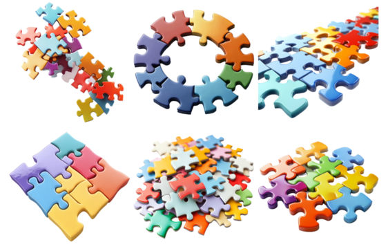 Collection of colorful jigsaw puzzle pieces isolated on transparent background