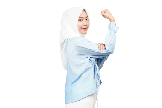 Asian hijab woman showing strong gesture isolated transparent