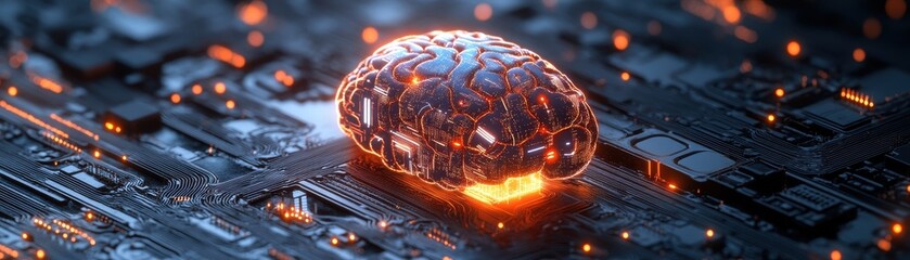 Futuristic Artificial Intelligence Concept with Glowing Brain on Circuit Board