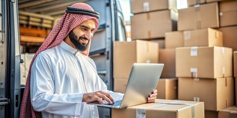 Portrait of a Saudi Arabian Gulf man working in the delivery of orders and goods to customers, online shopping, online orders, reliable shipping and delivery process, delivery representative, warehous