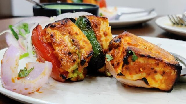 Footage of closeup shot of paneer tikka dish being served in a plate at a restaurant. Food and beverages at a hotel
