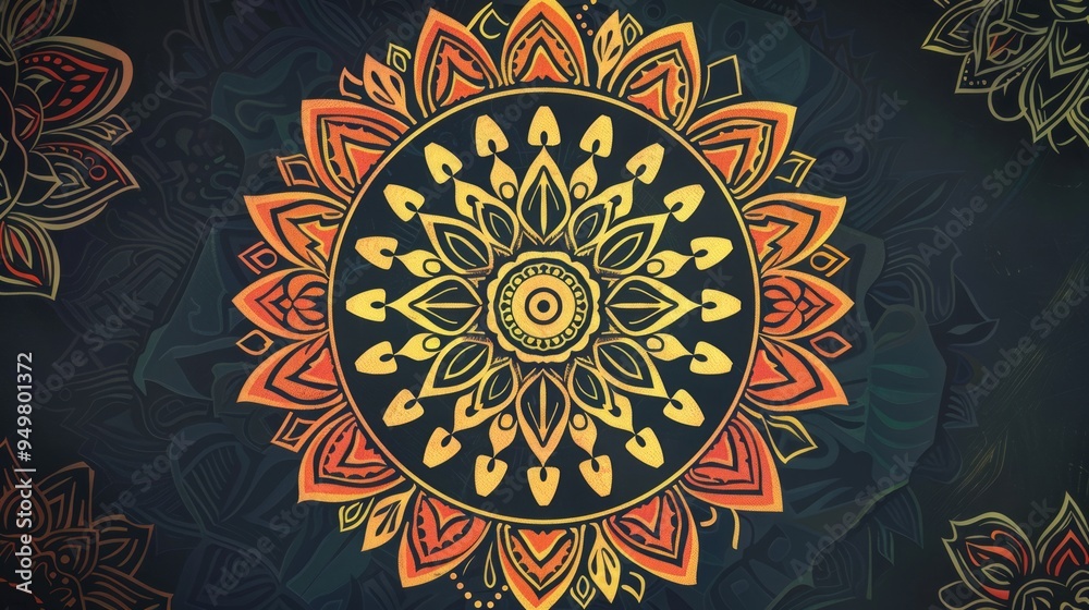 Wall mural Intricate mandala pattern with orange and yellow details on dark background.