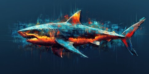 Obraz premium A Painted Great White Shark with Blue, Red, and Orange Tones