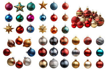 Assorted Christmas ornaments in various shapes and colors isolated on transparent background