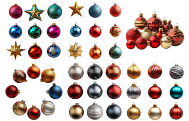Assorted Christmas ornaments in various shapes and colors isolated on transparent background