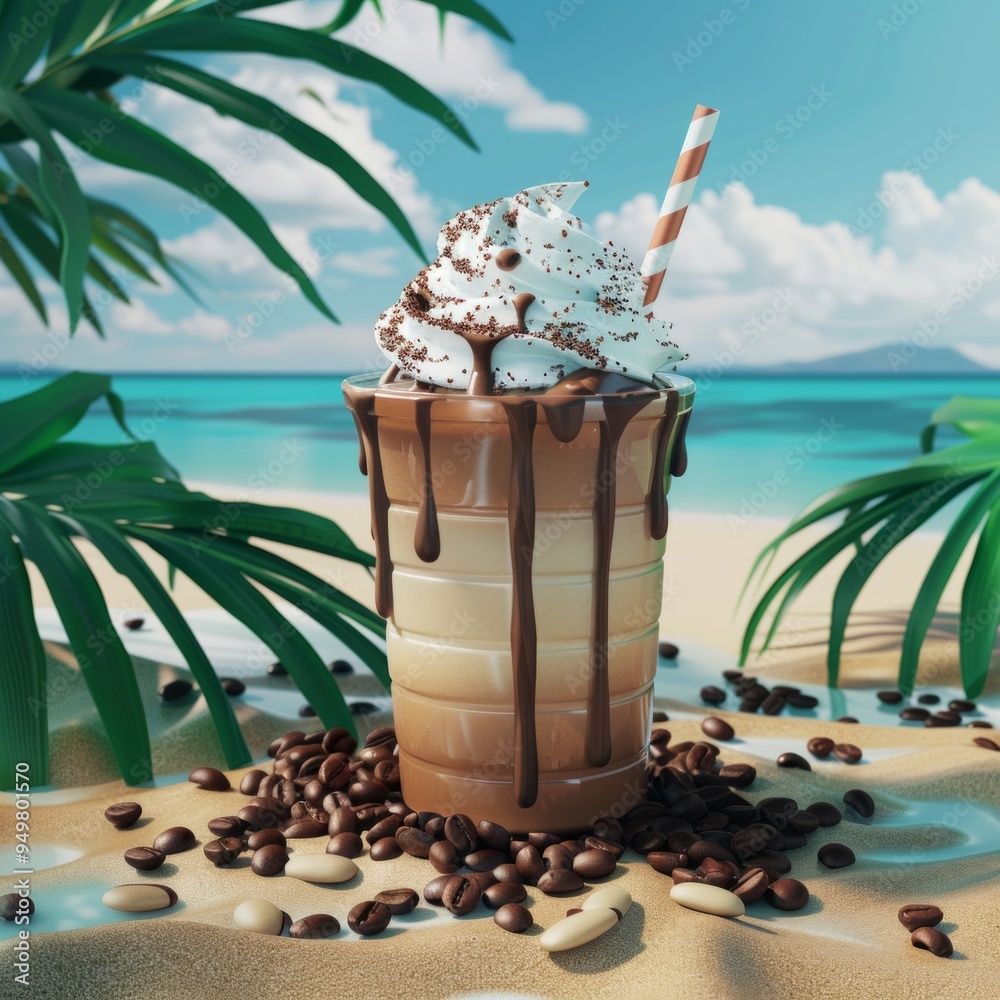 Wall mural Iced coffee with whipped cream and chocolate drizzle on a sandy beach.