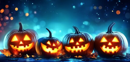 Fototapeta premium Halloween Background with Glowing Jack-o-Lantern Pumpkins