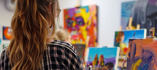 Fototapeta premium Creative Painting Class for Adults in a Vibrant Studio Setting with Abstract Artworks