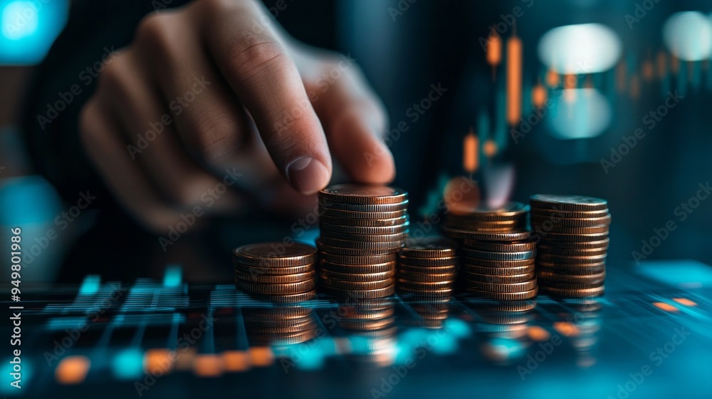 Poster a hand is reaching for a stack of coins