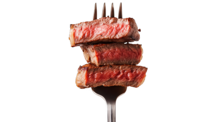 Slices of Beef Steak on Fork, Isolated on White or Transparent Background