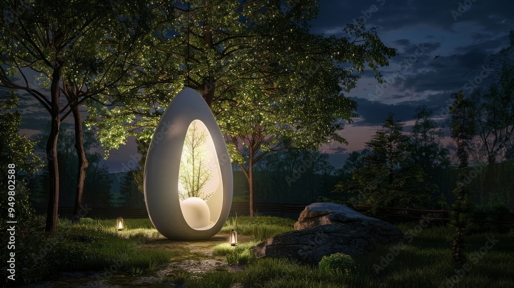 Wall mural Illuminated egg-shaped structure in a forest at night.