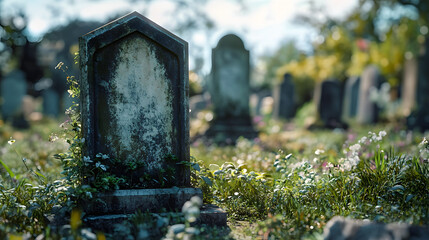 Blank old gravestone in graveyard.