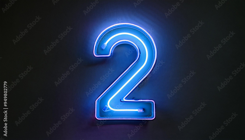 Fototapete Image of glowing neon number 2 two, made from neon light. 3D rendering. Dark backdrop.