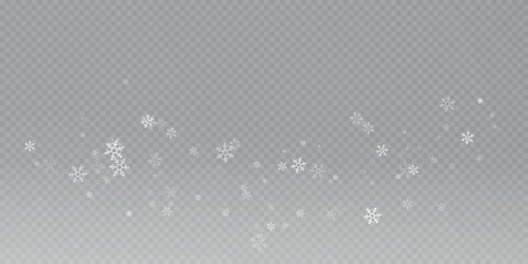 Snow and snowflakes on transparent background. Winter snowfall effect of falling white snow flakes and shining, New Year snowstorm or blizzard realistic backdrop. Christmas or Xmas holidays.