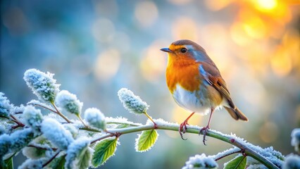 **Vibrant Whimsy**: Whimsical, playful red robin perched on frosty winter branch, surrounded by lush greenery, warm golden light, soft focus, shallow depth, bold contrast, vibrant colors.