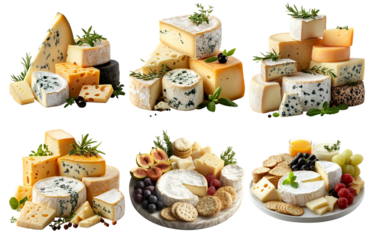 Assorted gourmet cheeses arranged on boards isolated on transparent background