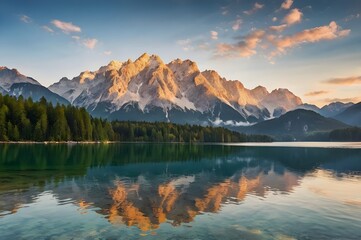 Impressive summer sunrise on Eibsee lake with Zugspitze mountain range. Sunny outdoor scene in German Alps, Bavaria, Germany, Europe. Beauty of nature concept background.