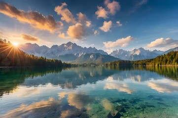 Impressive summer sunrise on Eibsee lake with Zugspitze mountain range. Sunny outdoor scene in German Alps, Bavaria, Germany, Europe. Beauty of nature concept background.