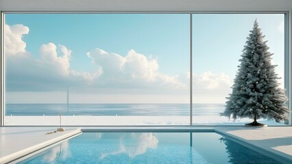 Fototapeta premium A serene swimming pool visible through a window, framed by a lush tree in the background, creating a tranquil atmosphere.