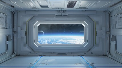 Interior of a spaceship with a large window overlooking Earth and stars.