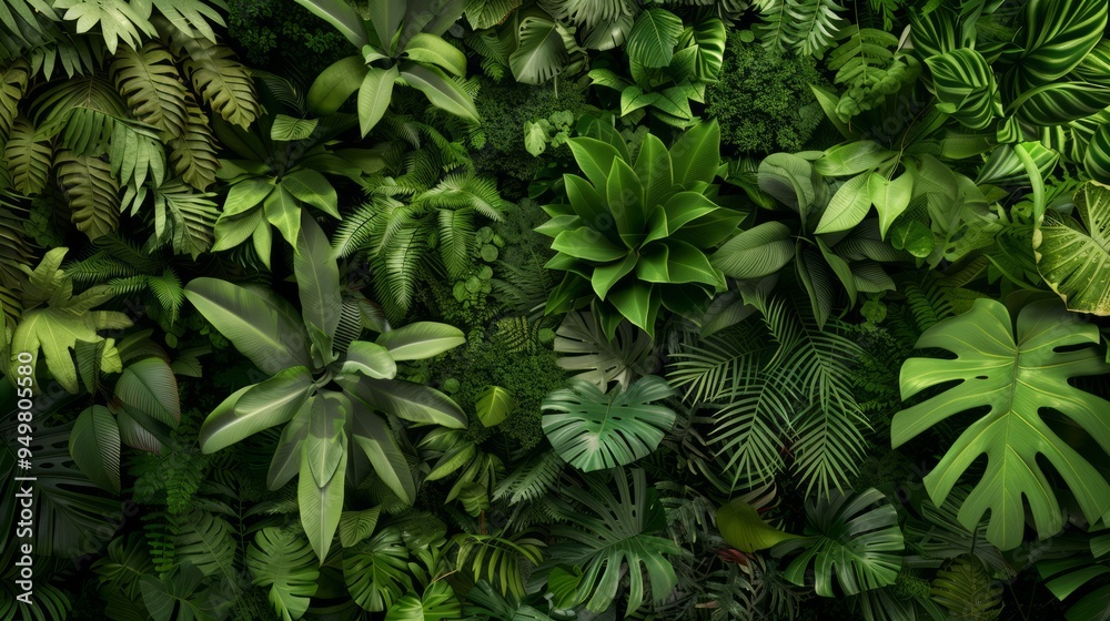 Sticker Lush green tropical leaves background texture.