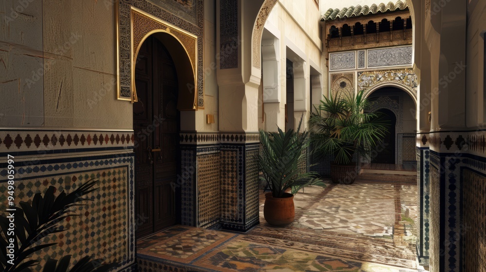 Poster Intricate tiled archway leading to courtyard.