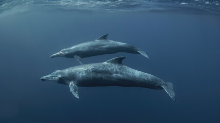 Fototapeta premium Two spade toothed beaked whales swimming gracefully underwater in the ocean